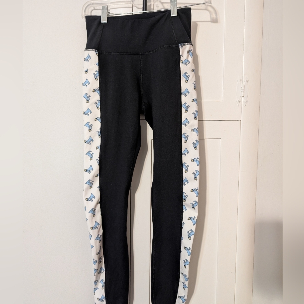 GOAT USA Women's Black Leggings All Over Blue Goat Print Side Panels S
